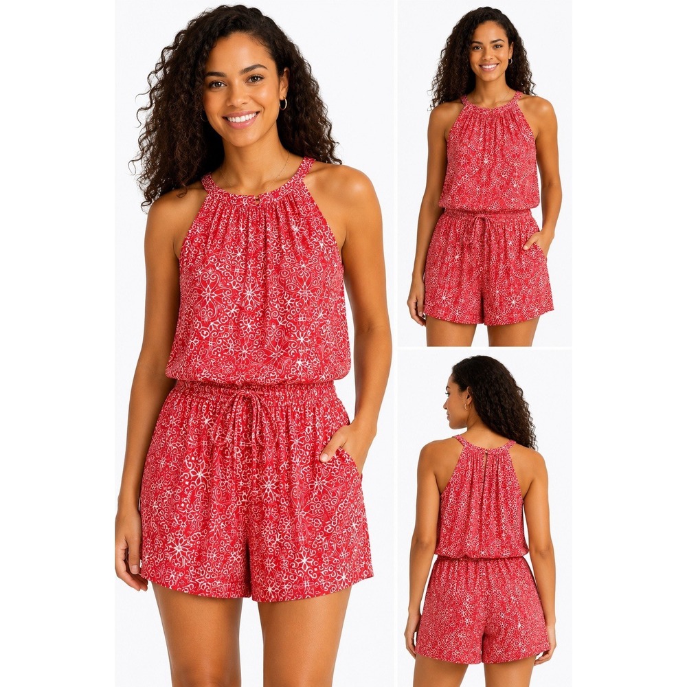 GAP NWT Pink Print Halter Romper Medium Drawstring Waist Pockets Summer Vacation